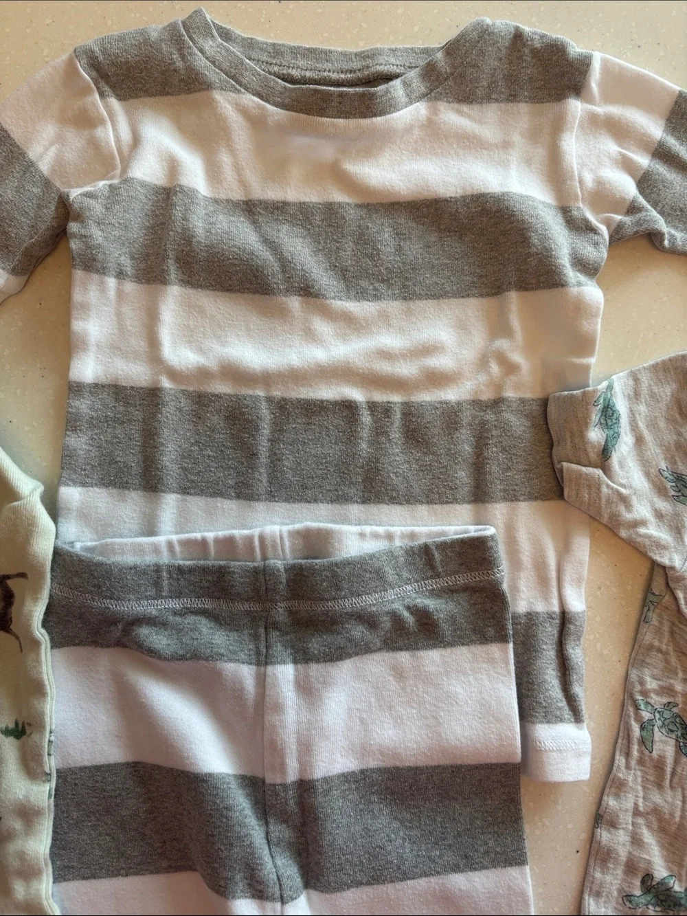 Toddler Gray & White Striped Pajama Set, 1-pc dino sleeper, 2-pc turtle set